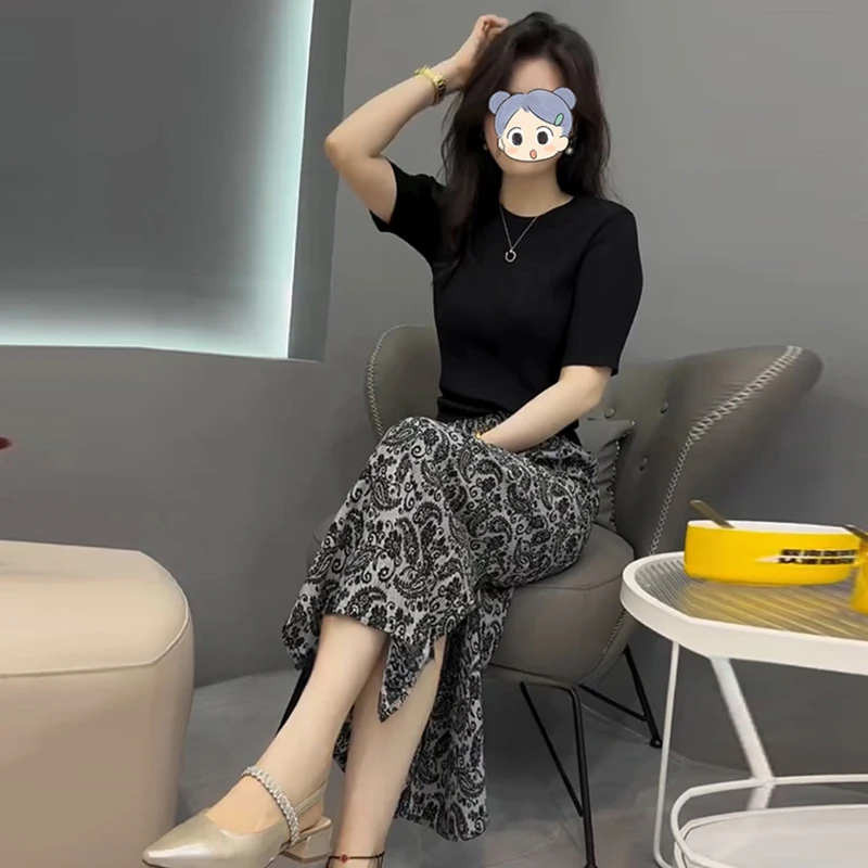 气质修身短袖t恤上衣套装裙女夏季韩版高腰显瘦印花半身裙两件套