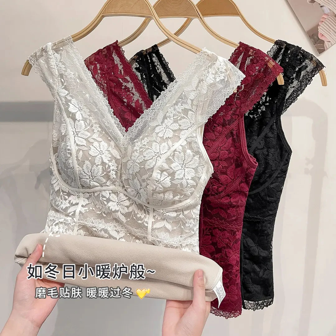 冬季保暖背心女士加绒加厚带胸垫一体式打底内搭防寒蕾丝磨毛内衣