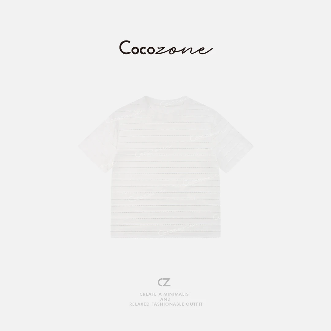 COCO ZONE 刘一一  条纹波浪拼接花边简约圆领短袖T恤CD1A0341