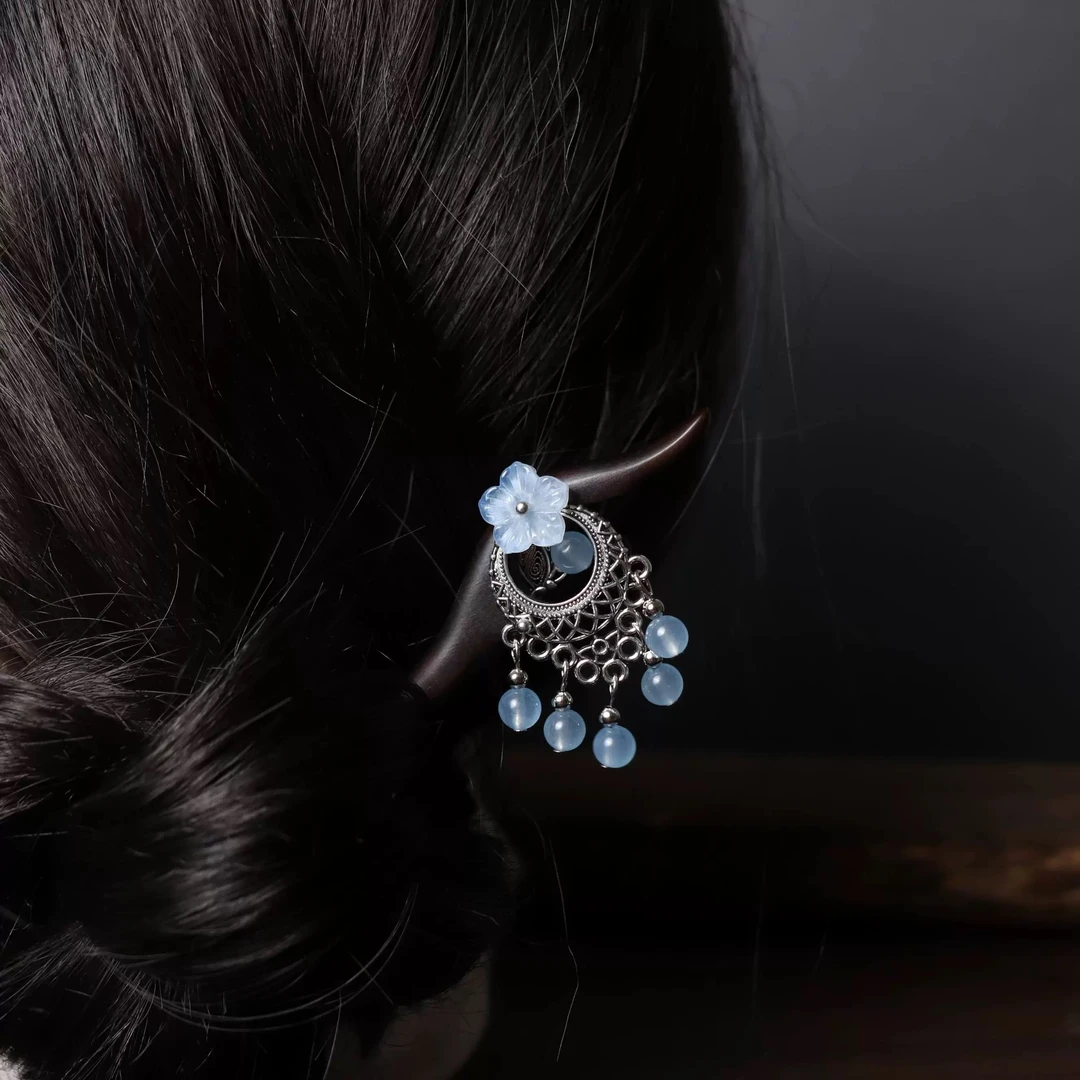 恬奇家a717“蓝珠流苏”新中式古风花卉发簪高级感发钗汉服旗袍