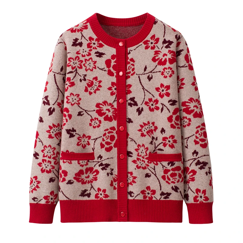 内蒙大码宽松中老年女装毛衣厚款保暖绣花圆领100%纯羊毛开衫