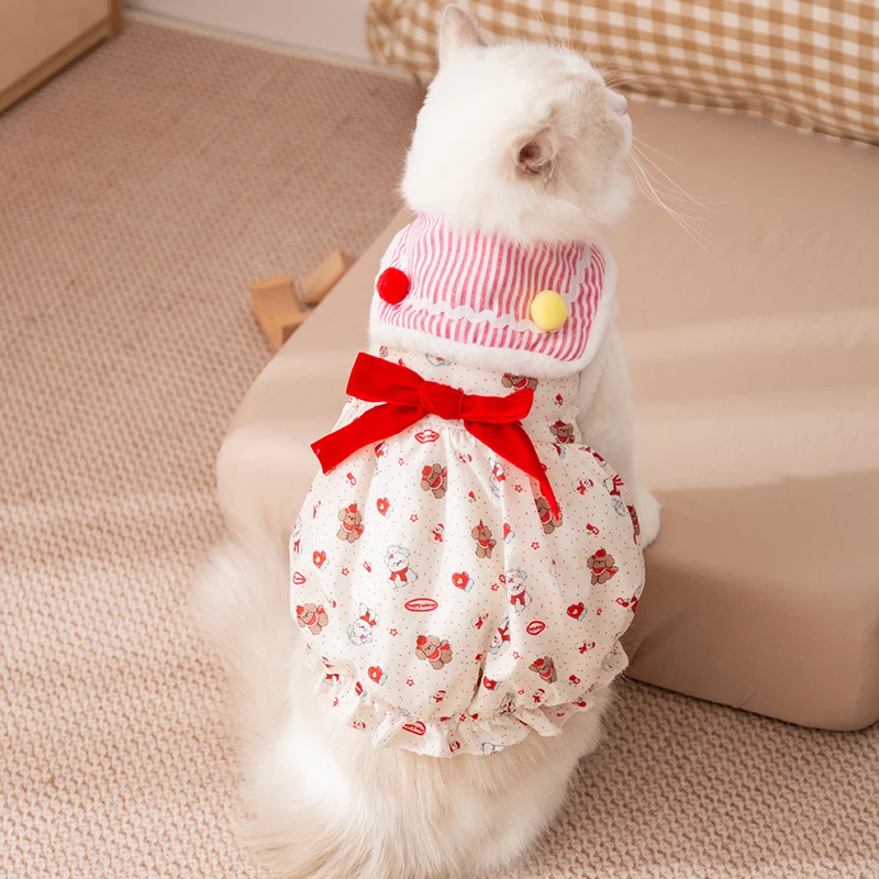 秋冬季宠物裙子加绒加厚保暖狗狗可爱公主风蝴蝶结成幼猫猫咪衣服