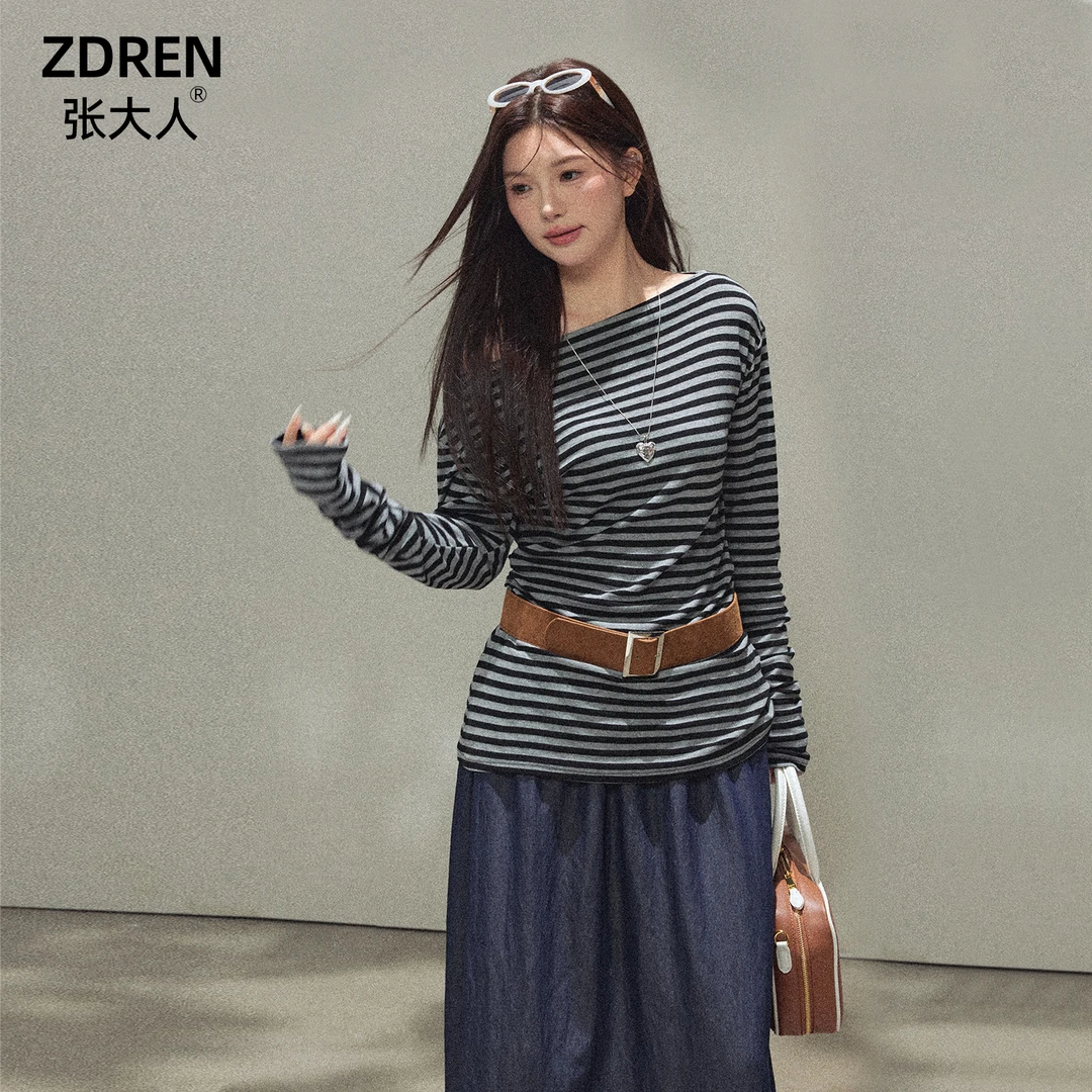 张大人【半纸风霜】大码女装微胖妹妹韩系高级感条纹斜肩上衣搭半裙