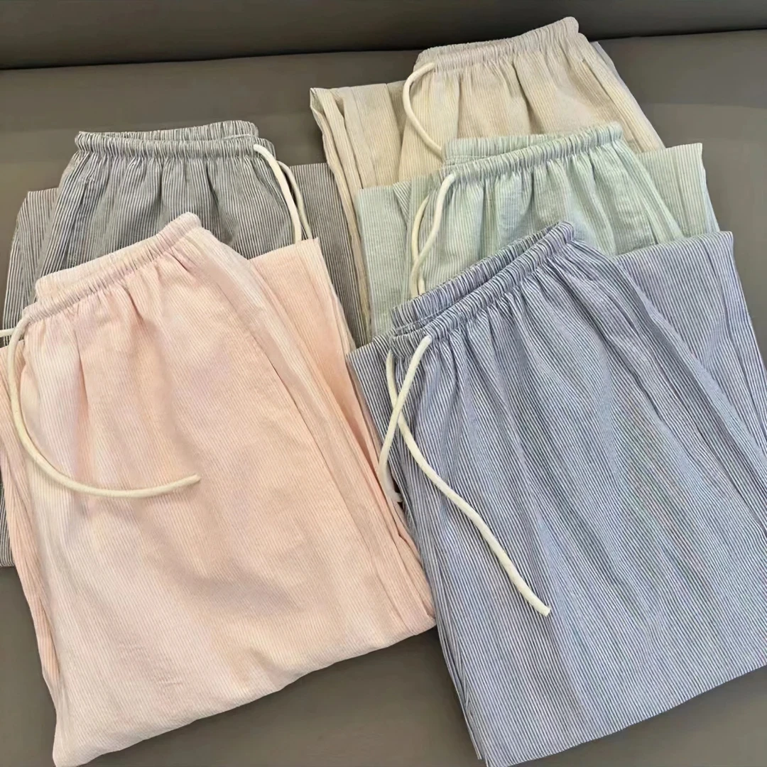 蓝色柳条棉麻裤女春夏季薄款2025高腰垂感休闲直筒小个子阔腿裤