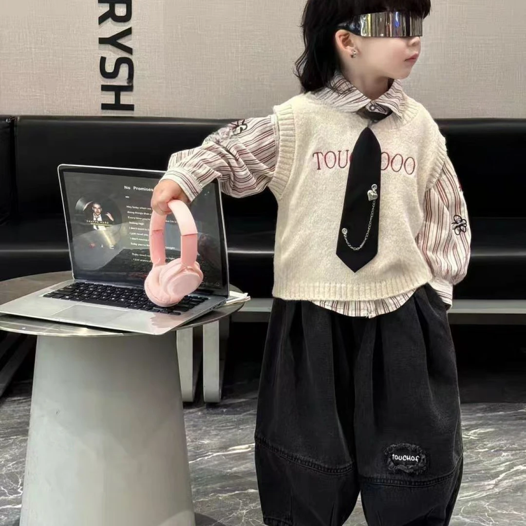 【LW2】男童条纹卡通衬衫套装2025秋装新款韩版洋气潮童英伦风裤子