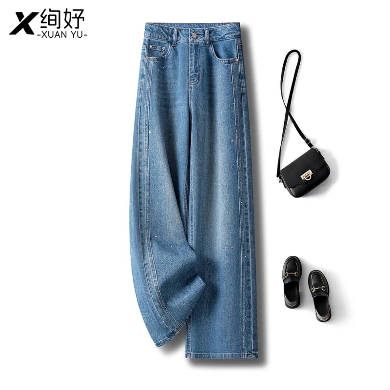 浅色烫钻牛仔阔腿裤2025春季新款高腰宽松遮肉直筒裤时尚女休闲裤