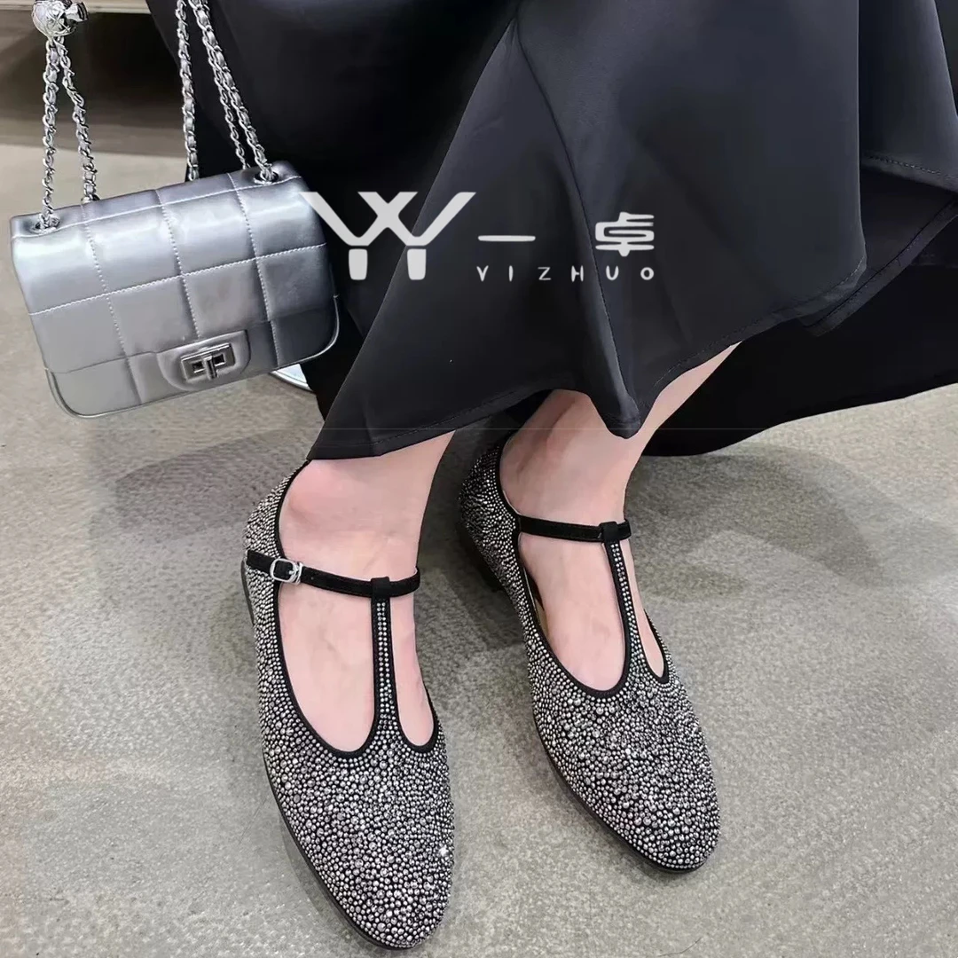 2025春季新品欧洲站低跟玛丽珍T字带亮钻软底软面单鞋