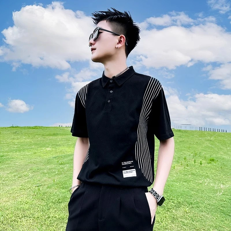 潮牌痞帅条纹男士polo衫男款夏季新款翻领短袖t恤男休闲半袖上衣