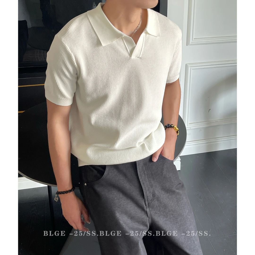 BLGE夏季新款【老钱天爽亚麻】透气POLOT恤极简休闲针织百搭短袖