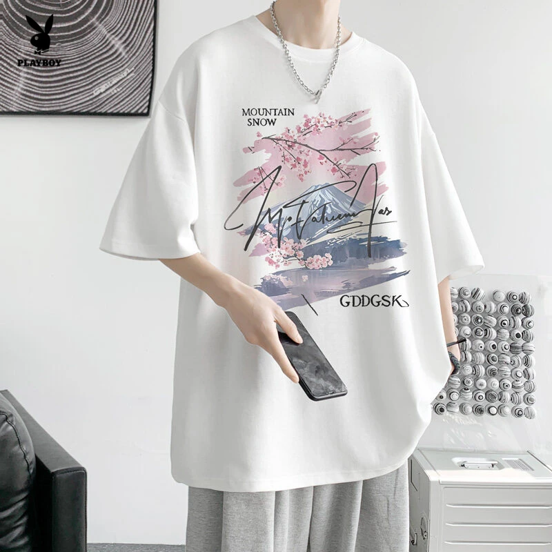 PLAYBOY富士山樱花短袖T恤男款夏季美式高街情侣半袖潮牌宽松T恤