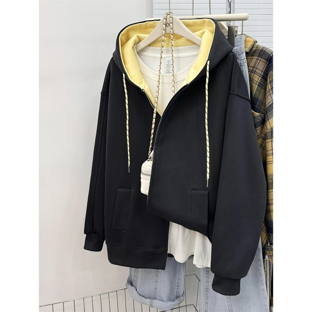 潮牌撞色连帽拉链卫衣女2025秋冬新款宽松大码时尚慵懒风开衫外套