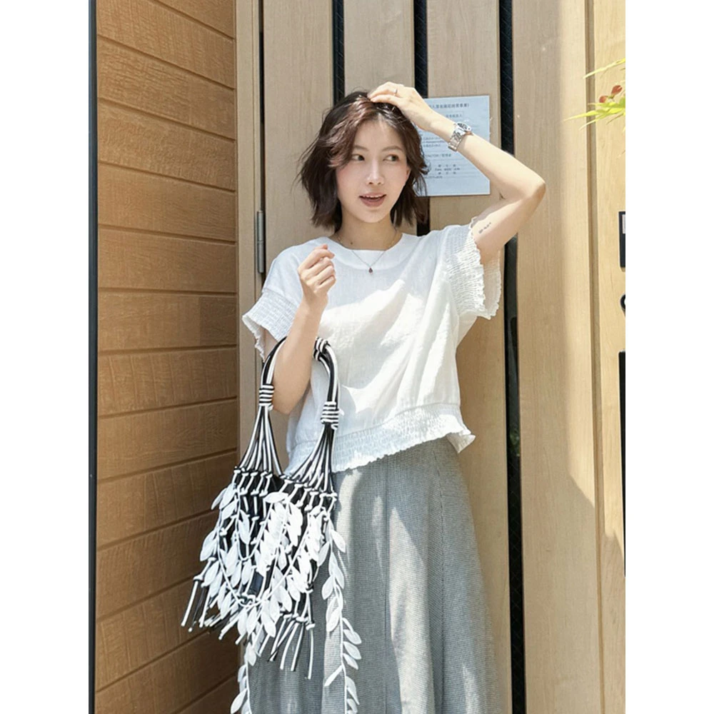 【MGDM】设计款抽褶100%亚麻短袖女夏季薄款t气质超好看小衫上衣