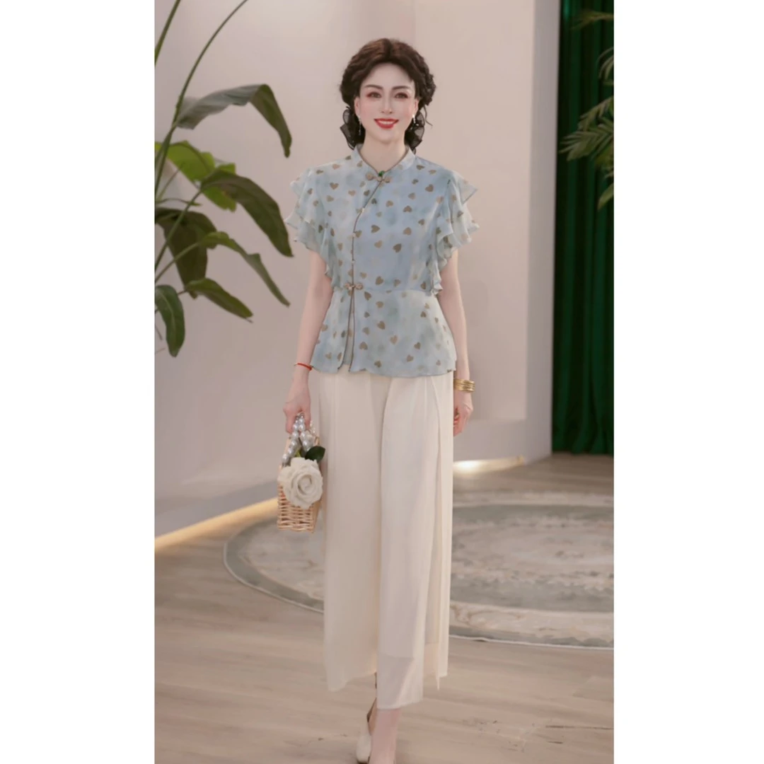 2025新款夏季妈妈装薄款时尚套装气质衬衣女装洋气减龄T恤两件套