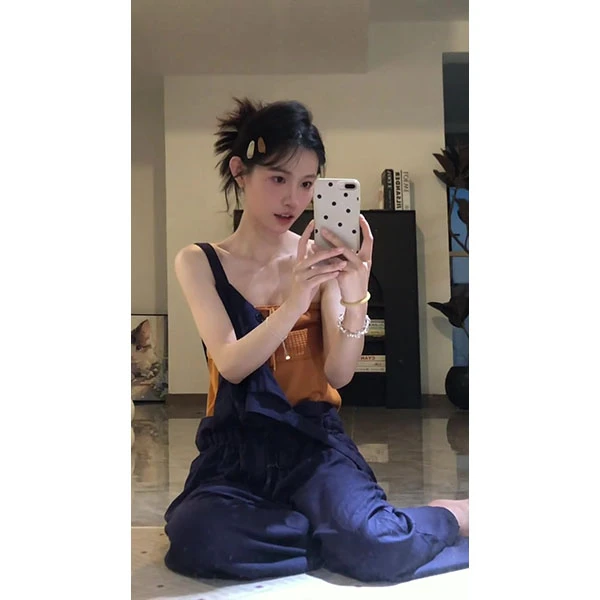 藏蓝色阔腿背带裤女夏季新款复古宽松显瘦拖地休闲裤背心内搭套装