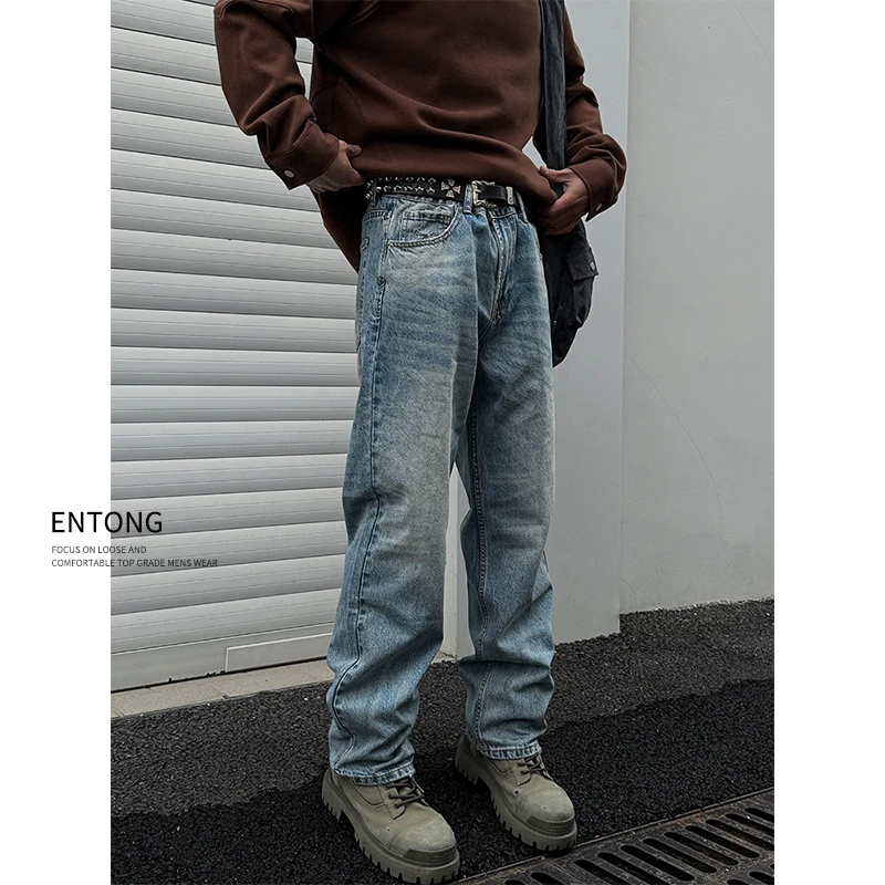 Entong美式街头基础显瘦牛仔裤男款秋季水洗直筒裤子微宽松长裤潮