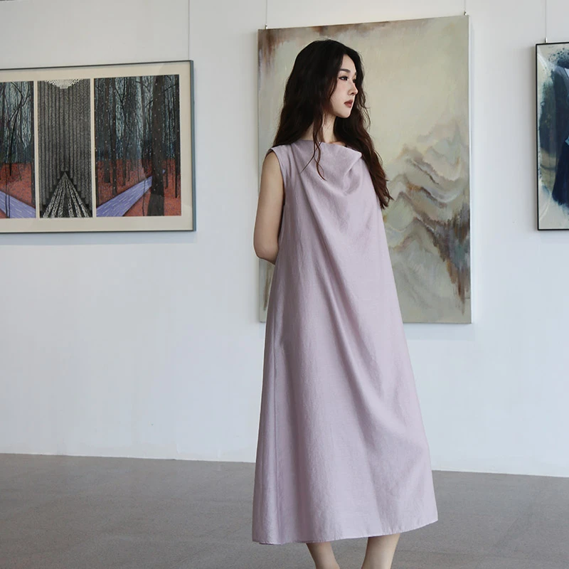 Jane express/简表达25秋新品堆堆领无袖时尚纯色连衣裙QLY52005