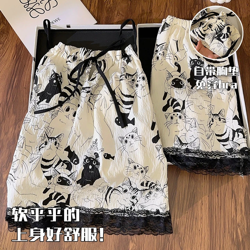 云朵棉睡衣女带胸垫夏季新款吊带可外穿卡通小猫咪家居服套装薄款