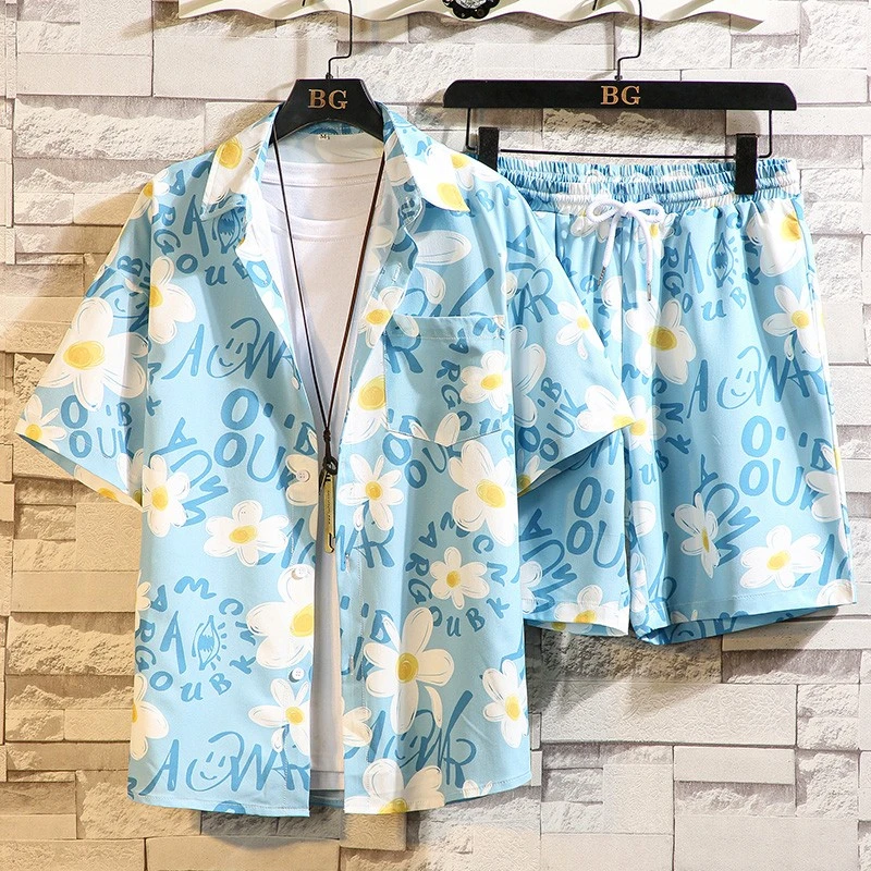夏威夷碎花冰丝短袖衬衫套装男夏季潮牌宽松大码痞帅衬衣沙滩短裤