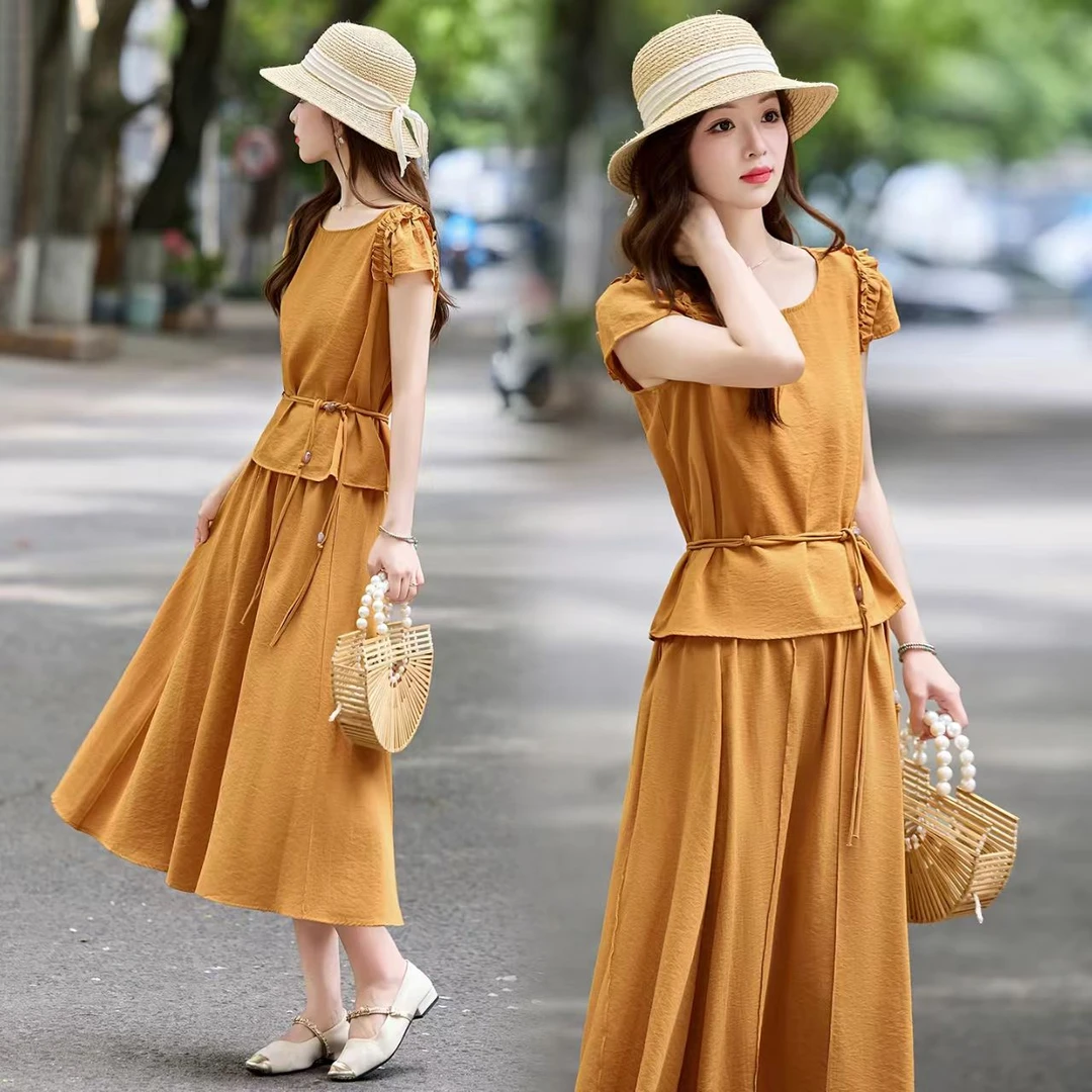 2025女夏装时尚圆领短袖衬衫松紧腰中长款半身裙两件套装HJ-2045