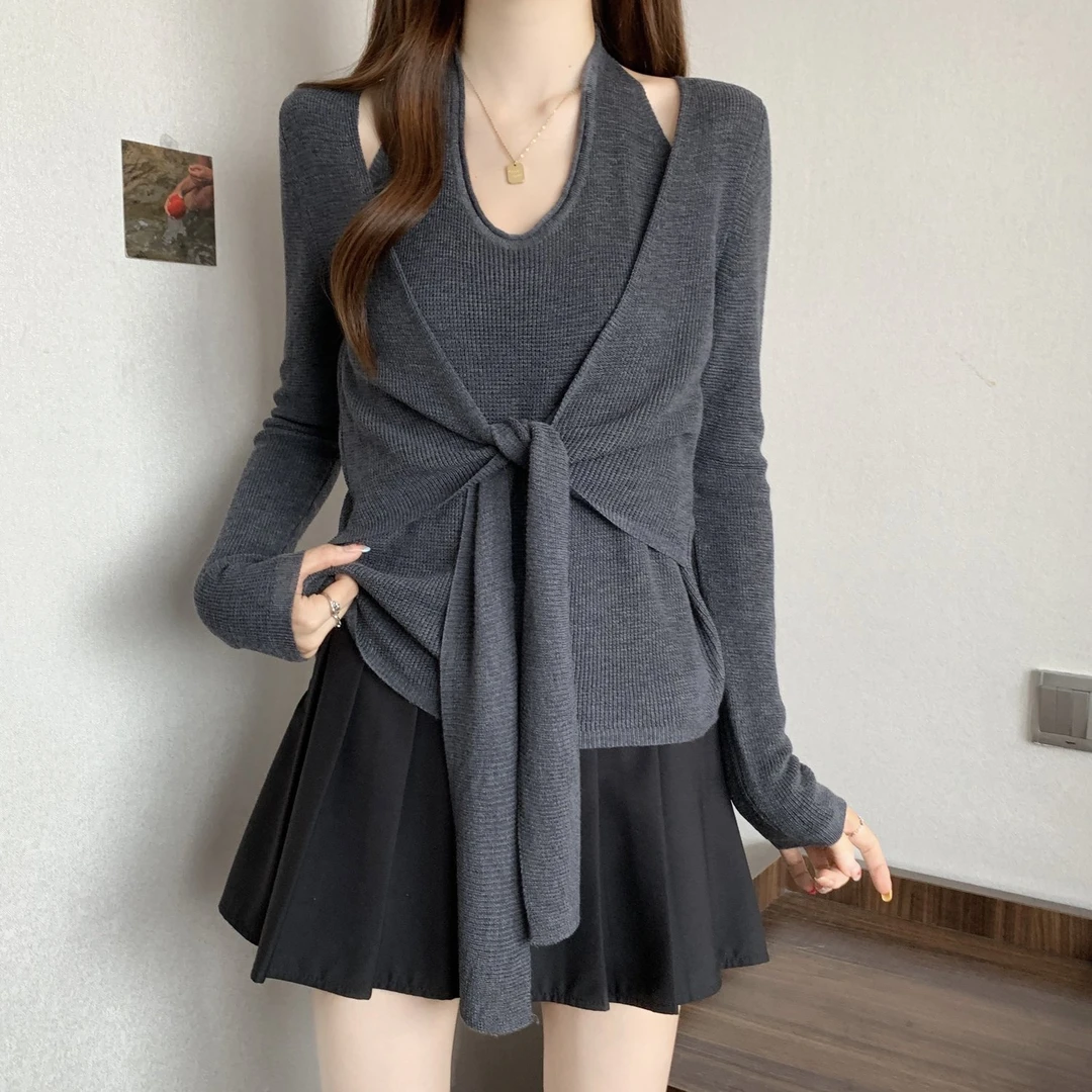 秋冬季新款法式修身显瘦绑带毛衣气质甜美风假两件挂脖套头针织衫