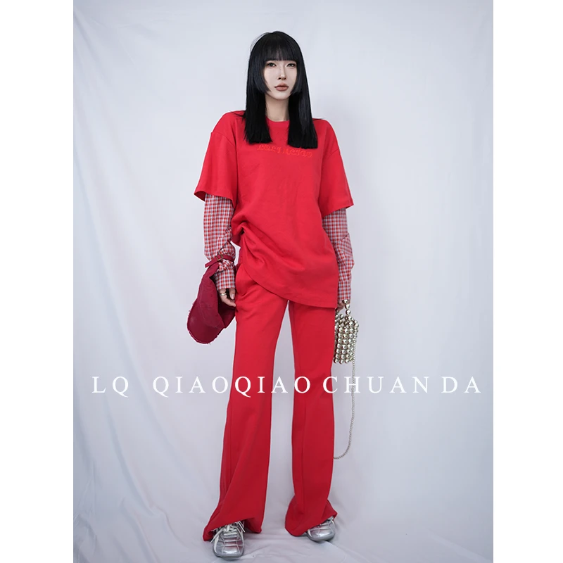 【南油徐哥】25春季高定设计师款格子宽松长袖假两件T恤上衣AD0033