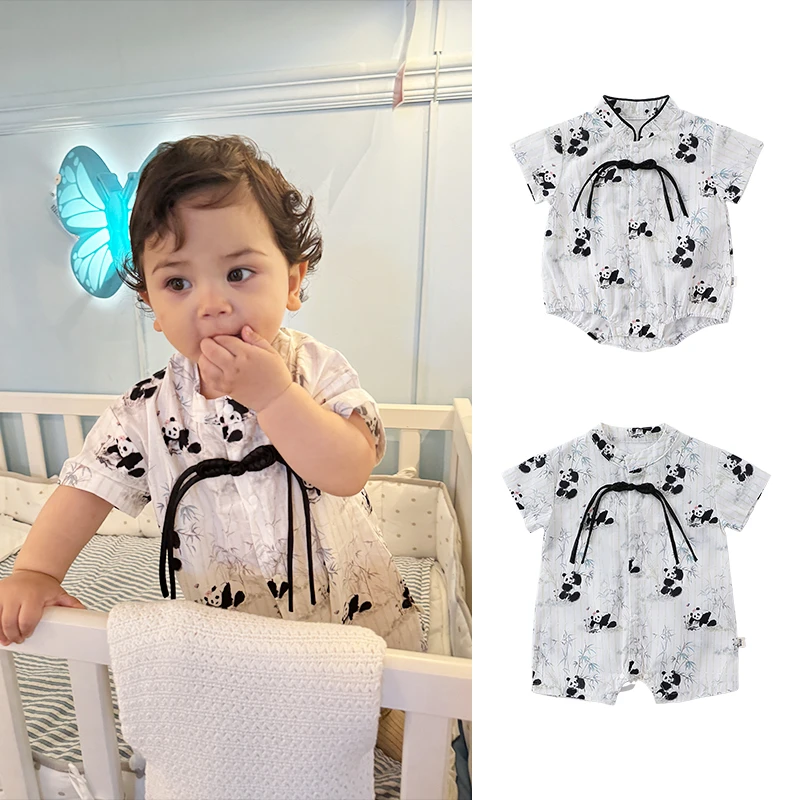 [66-90]新中式熊猫婴幼儿包屁衣连体衣宝宝棉印花周岁衣服