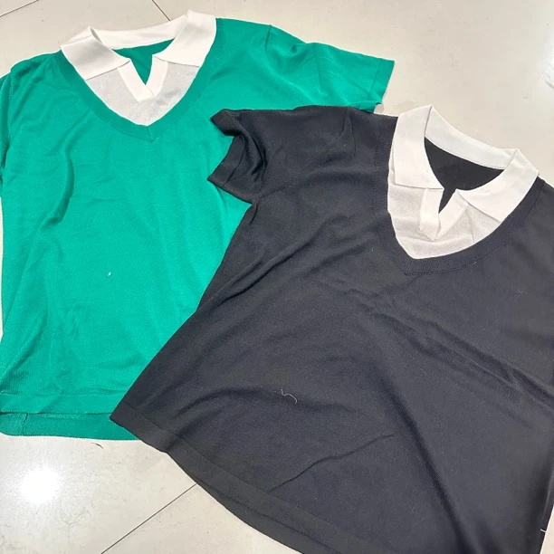 V领拼色针织大码短袖