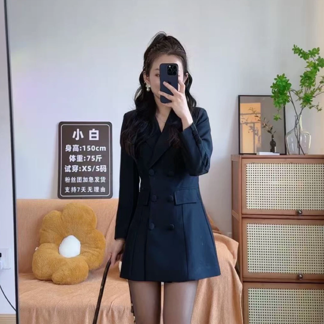 小个子定制西装裙气质名媛高级大气双排扣秋季黑色显瘦收腰西装