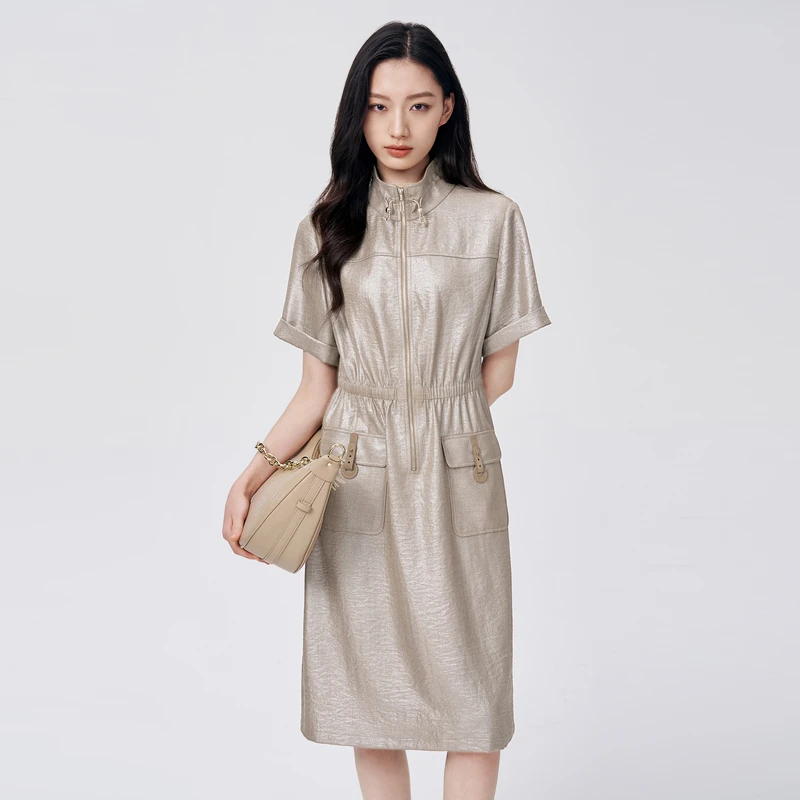 【粉丝专享】BuouBuou25夏新立领金属烫银收腰连衣裙女BLCG217