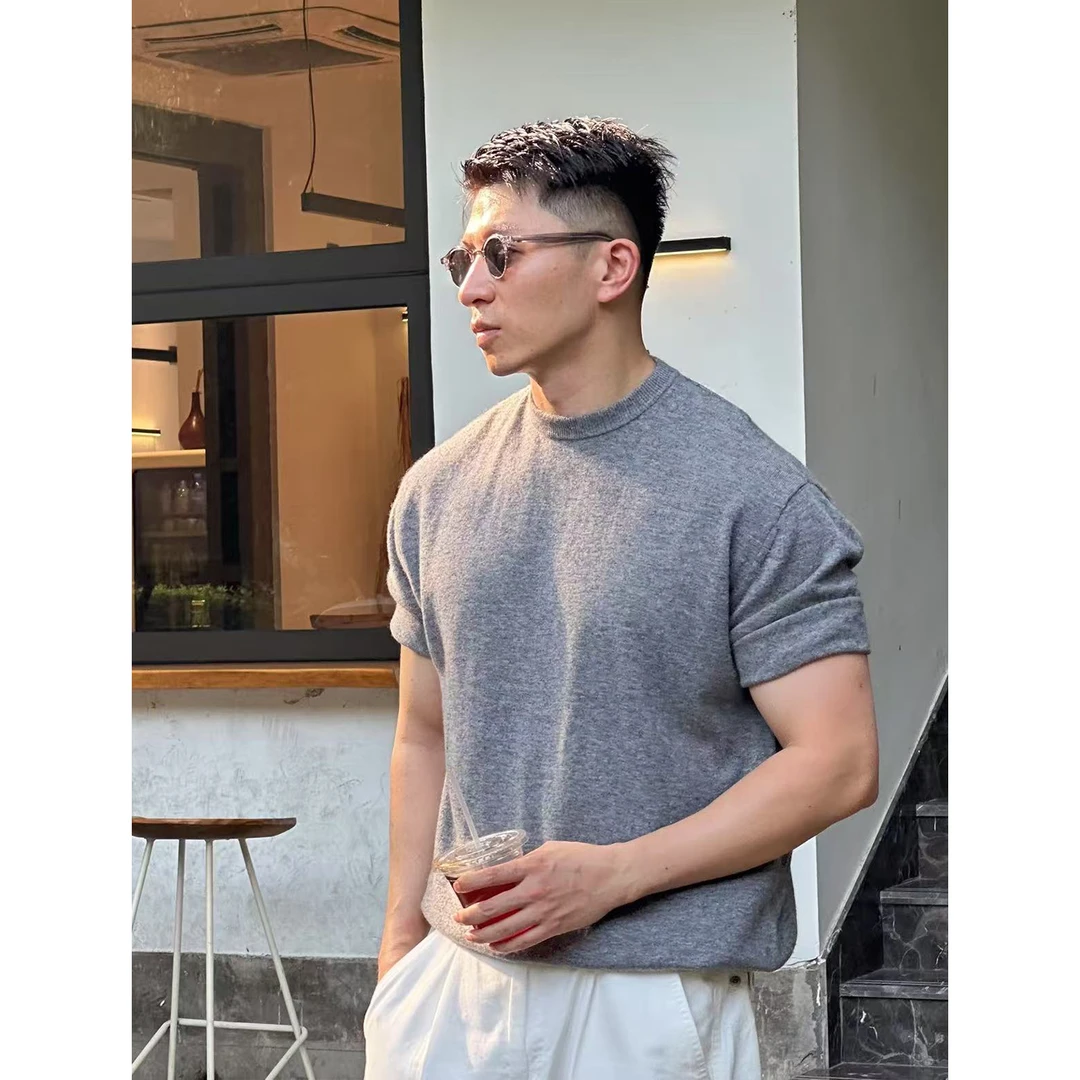 绅格senge 夏季羊绒短袖圆领花纱灰免烫男士针织打底显瘦休闲T恤