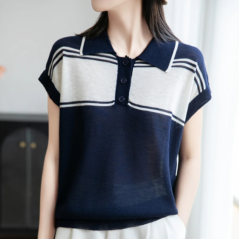 品牌2025夏季新款POLO领撞色短袖针织衫女士休闲百搭T恤洋气上衣