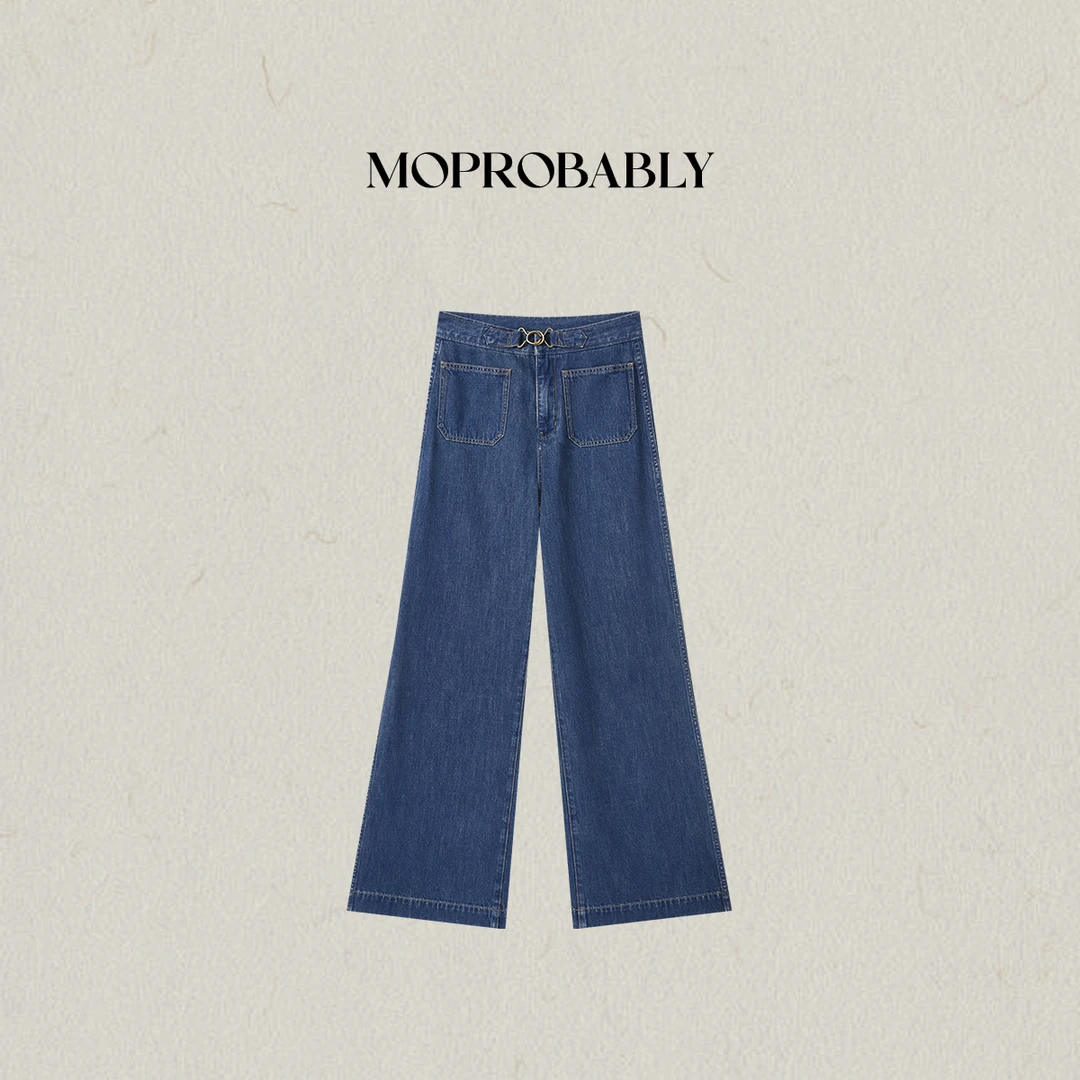 李予诺「拉扣蓝牛」"100%棉"水洗百搭直筒牛仔裤L5273033