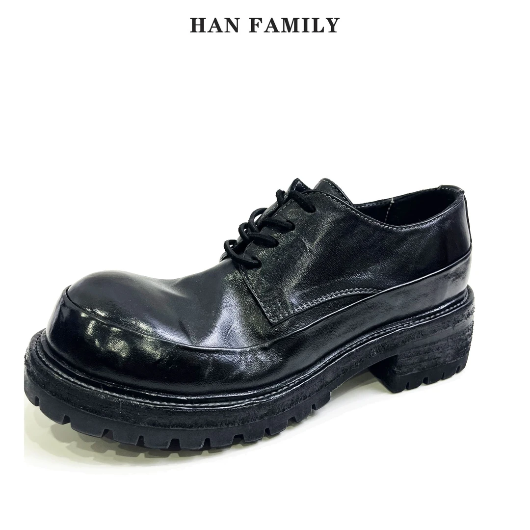 HAN FAMILY/大汉之家英伦风大头德比鞋秋冬男黑色马皮男鞋皮鞋