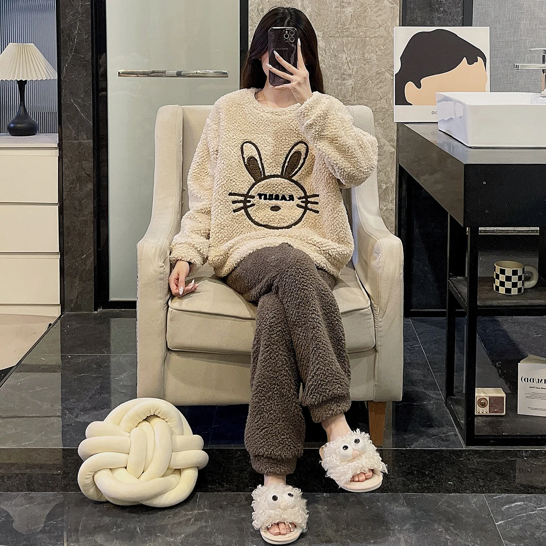 可爱兔子睡衣女新款冬季半边绒加厚加绒保暖学生珊瑚绒家居服套装
