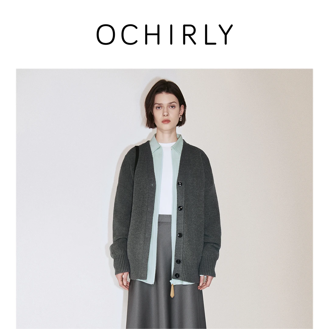 OCHIRLY欧时力 绵羊毛羊驼毛针织外套女中长开衫气质秋季新品