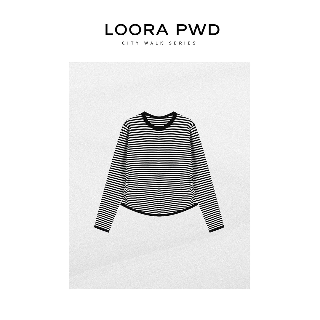 LOORAPWD/罗拉密码 全新黑白条纹拼色圆领长袖T恤25CJBA0074N