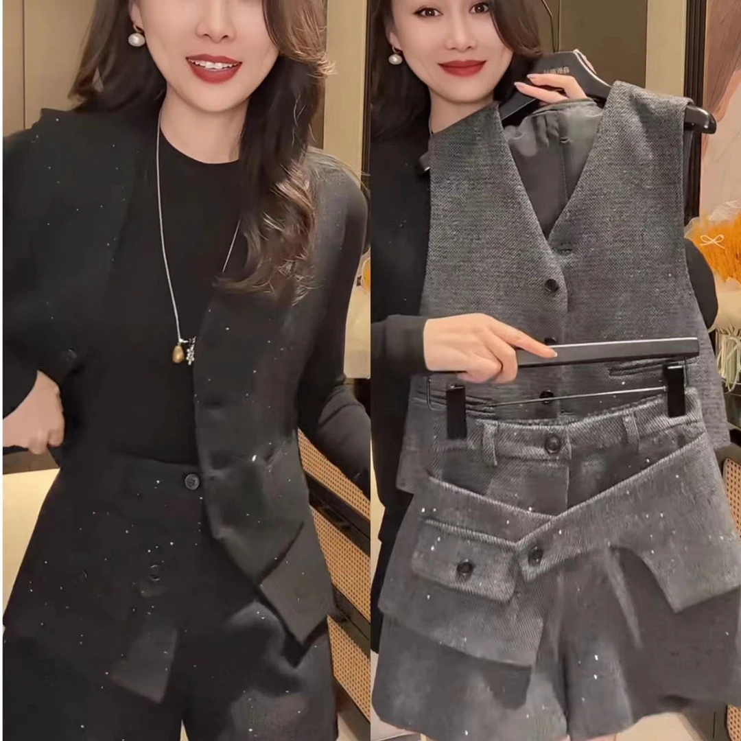 气质名媛休闲风轻职风时尚套装背心休闲西装马甲+短裤