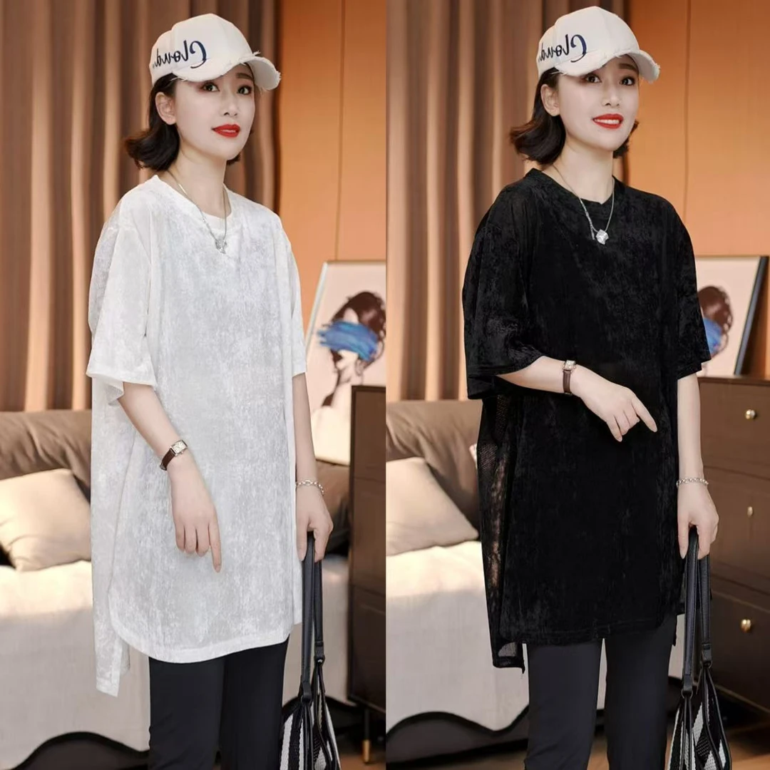 夏季新款丝绒网纱开叉T恤气质显瘦宽松时尚中长款休闲遮肚上衣
