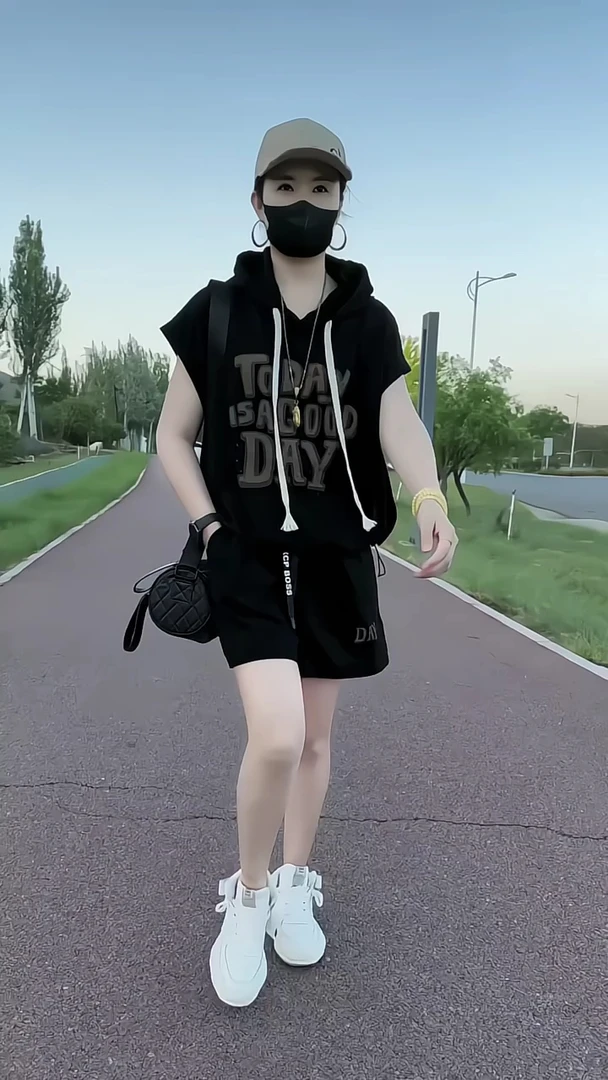 休闲运动套装女2025夏季新款韩版宽松显瘦短袖连帽上衣短裤两件套