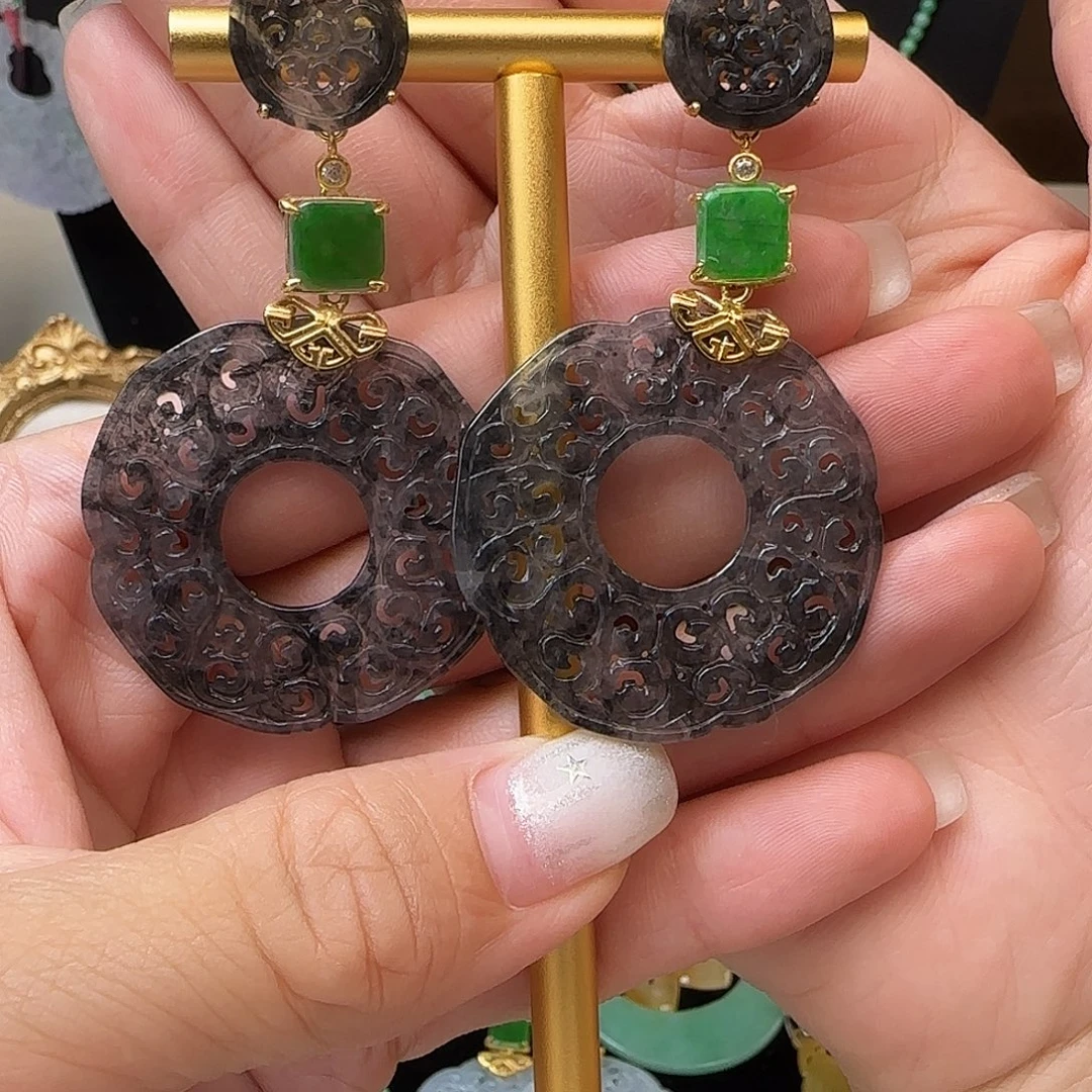 灵***形银S925镶嵌翡翠耳饰耳钉款