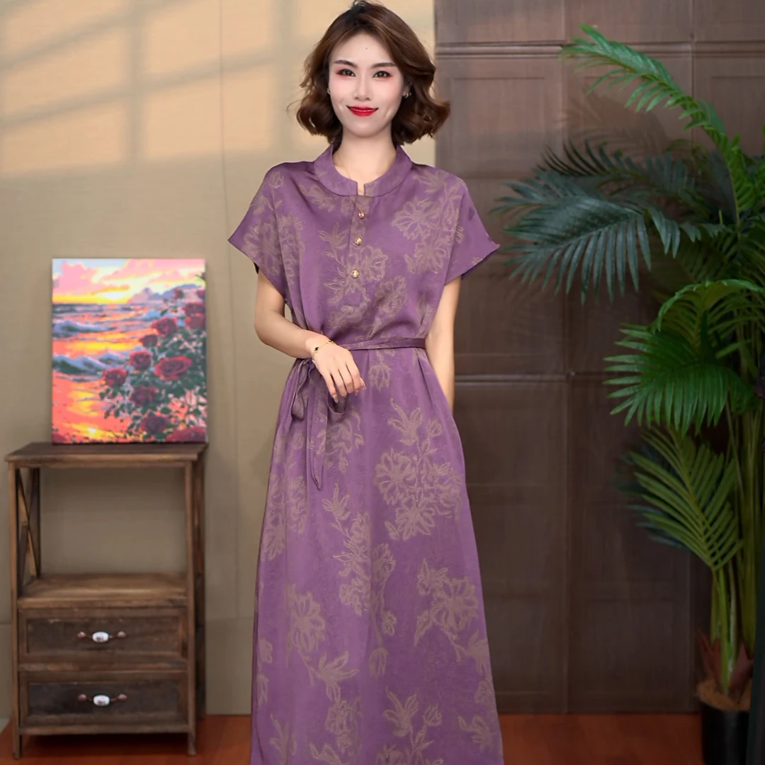8548[品尚]夏季新款小圆领中长款时尚百搭三粒扣连衣裙显瘦中老年