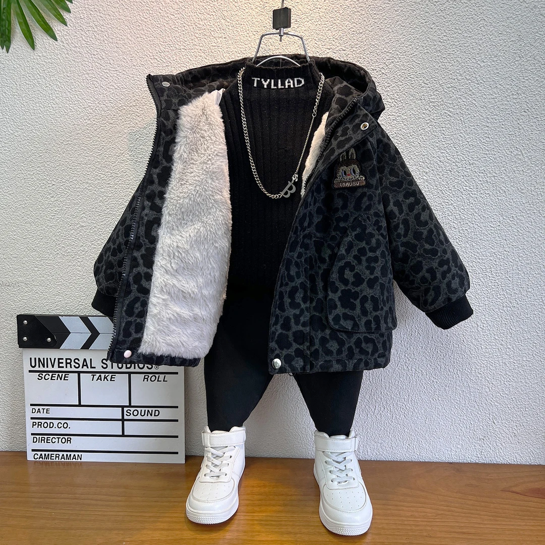 男童加绒外套2025新款秋冬装加厚洋气宝宝棉衣冬季儿童装豹纹棉服