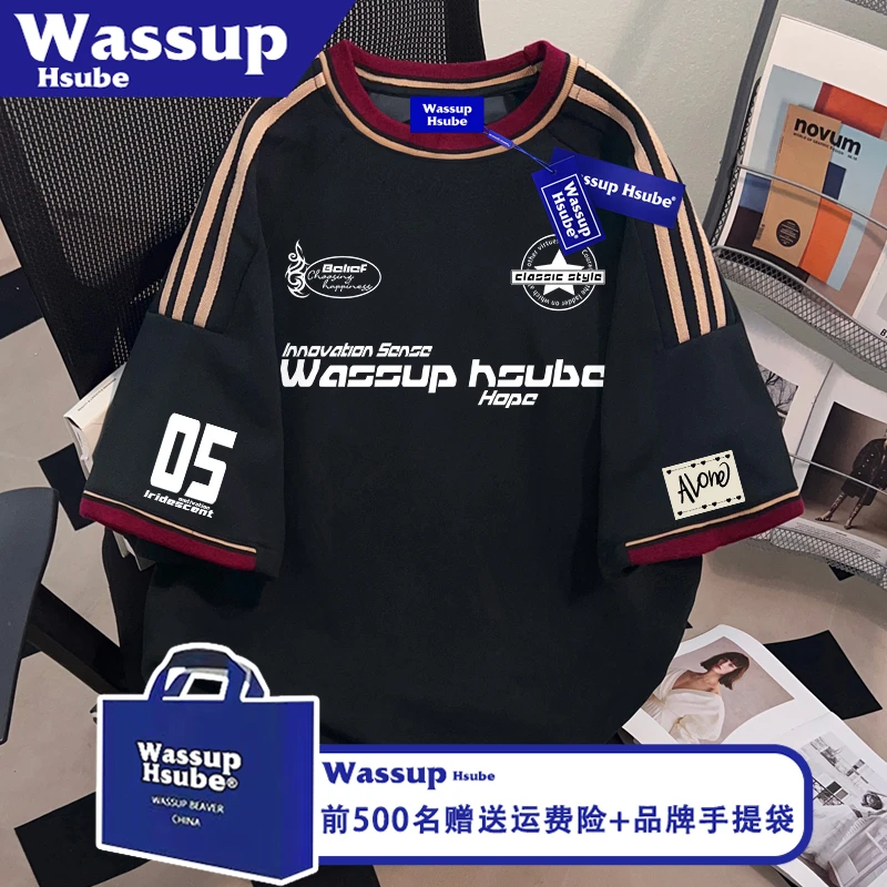 WASSUP HSUBE篮球风印花男女同款100%棉T恤上衣ins夏季设计风短袖