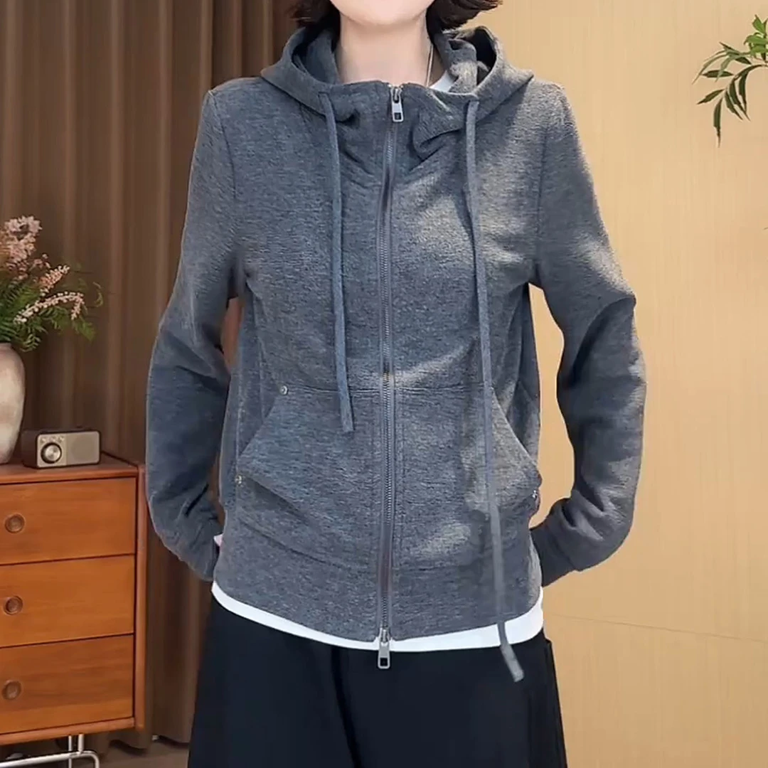 宽松时尚百搭纯色上衣女2025秋季新款大码女装双拉链连帽开衫卫衣