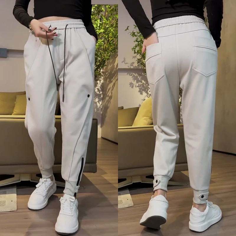 休闲裤子男士2025春季新款运动拼接纽扣束腿裤潮流百搭修身哈伦裤