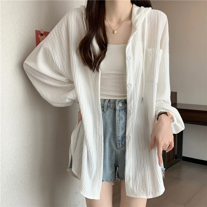 白色防晒衣薄纱外穿夏季春夏宽松长袖冰丝衬衫外套连帽上衣女开衫