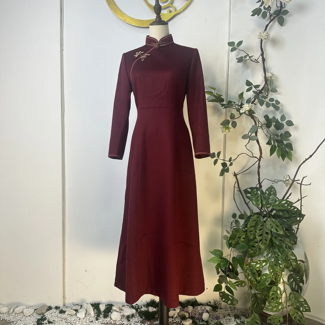 祺玉［醉染芳华］中国风旗袍气质冬季秋冬中长款旗袍裙加厚长袖冬款