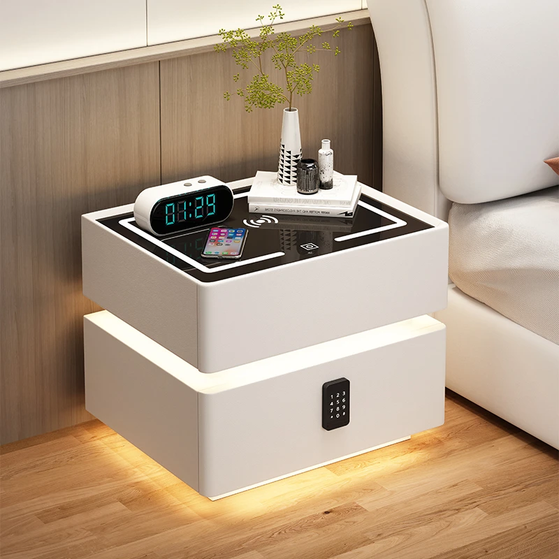 免安装全实木床头柜奶油风无线柜子指纹锁多功能带灯悬浮床头柜