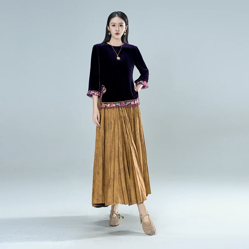 青娘子（从安）真丝绒拼接欧根纱重工刺绣设计感长袖洋气上衣-61433