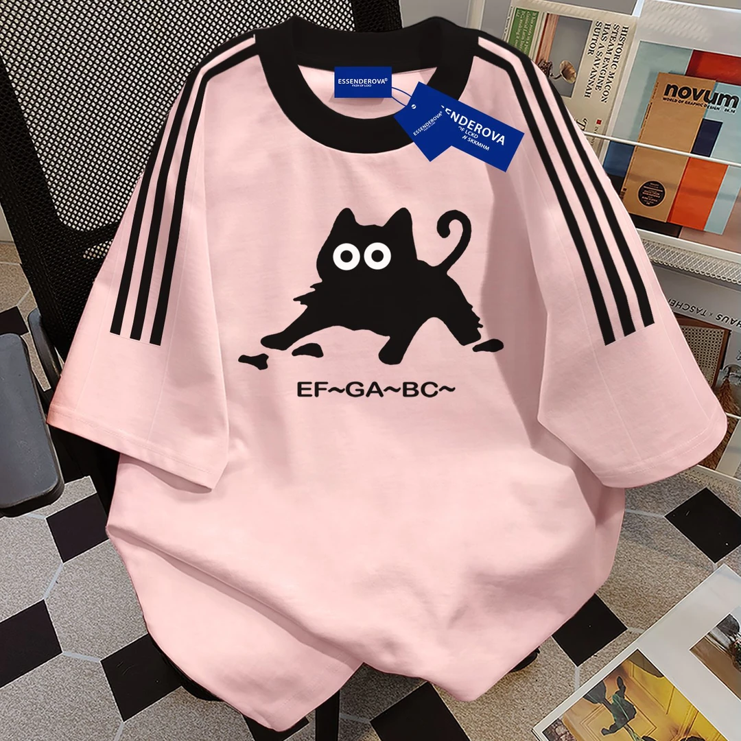 100%纯棉可爱小猫三条杠圆领短袖t恤男女夏季爆款宽松情侣上衣ins